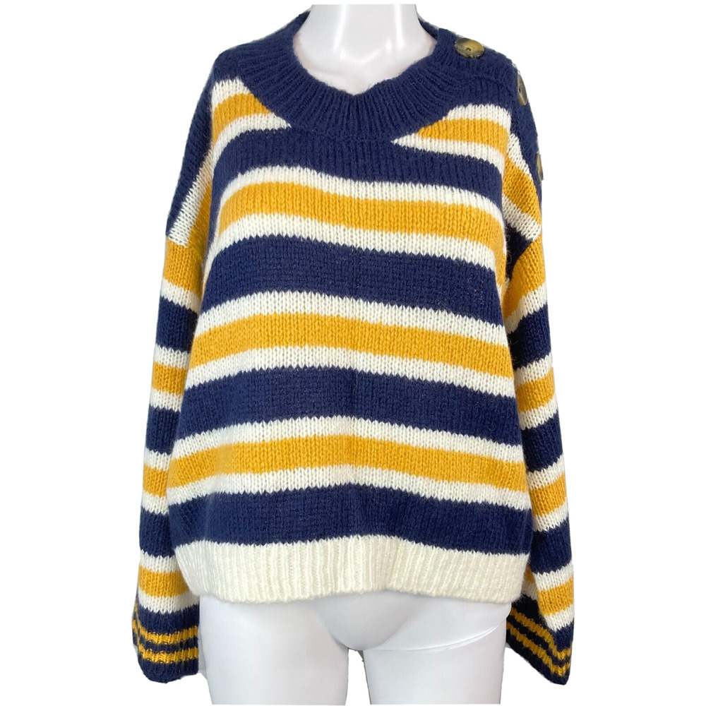 BP Sweater Womens Sz S Blue White Yellow Striped Wool V Neck Cozy Pullover